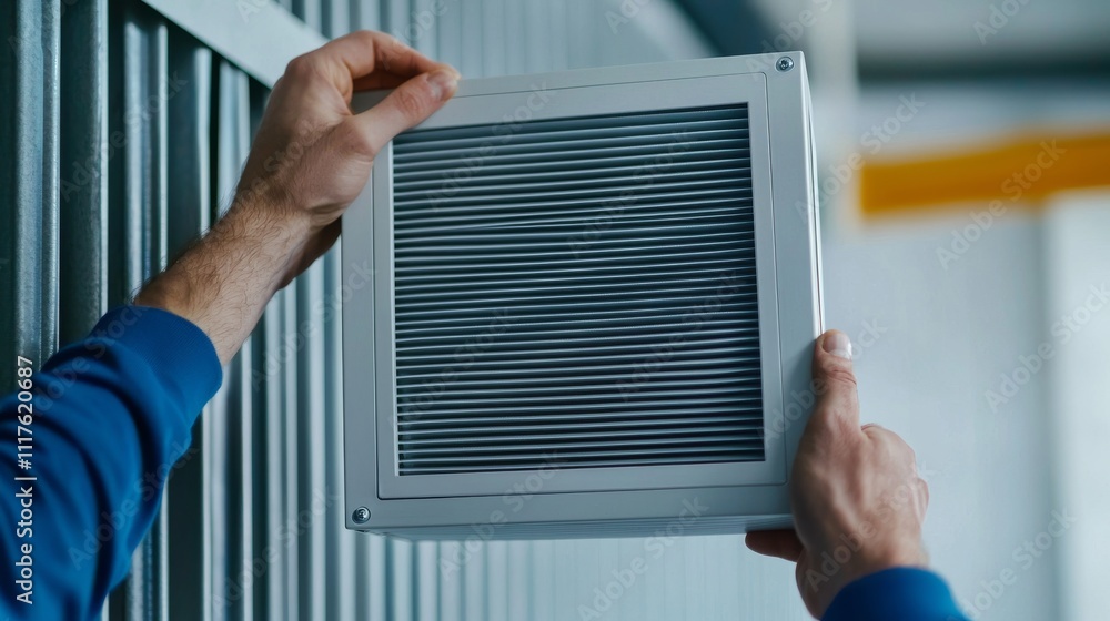 Poster furnace filter and clean concept. person installing an air filter in a ventilation system.