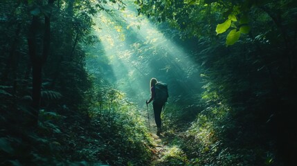 Woman Hiker in Sunlit Forest Path