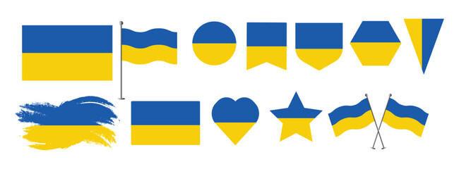 Set Ukraine flags, banners, symbols, flat icon. Vector illustration of collection of national symbols on various objects and state signs and shape