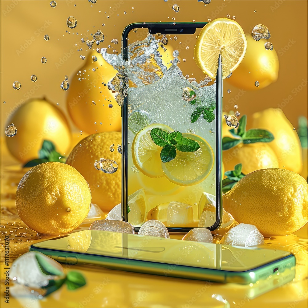 Poster smartphone with green screen in to a lemonade with a lot of lemons and lemon slices, peppermint herb
