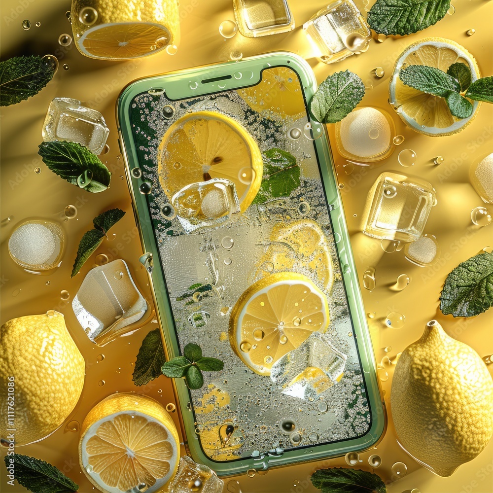 Poster smartphone with green screen in to a lemonade with a lot of lemons and lemon slices, peppermint herb