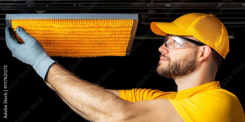 Poster furnace filter and clean concept. worker replacing an air filter in a ceiling fixture.