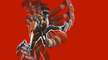 Contemporary art collage. Basketball player captured mid-motion in orange jersey against red...