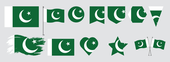 Set Pakistan flags, banners, symbols, flat icon. Vector illustration of collection of national symbols on various objects and state signs and shape