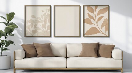 Cozy and modern interior design of a sample room with stylish decor, sofa, and blank space, offering a warm and inviting lifestyle ambiance.