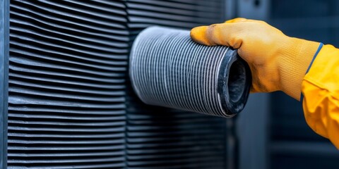 Furnace Filter and clean concept. Hand adjusting an air filter on cooling equipment in a protective glove.