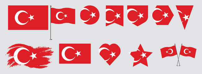 Set Turkey  .national flag vector design set  with popular shapes and brush. Turkey  flag vector illustration