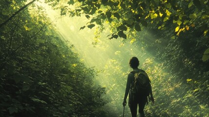Solitary Hike Through Sun-Dappled Forest Path