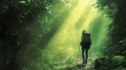 A solitary hiker's journey through a lush, sun-dappled forest path, embracing nature's serenity.