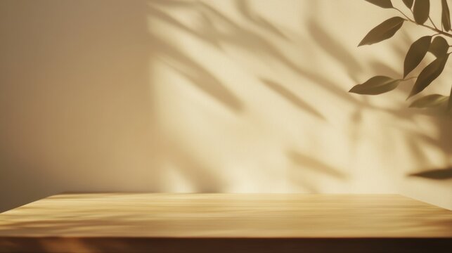 Wooden Tabletop with Sunlight and Leaf Shadows, Minimalist Mockup.