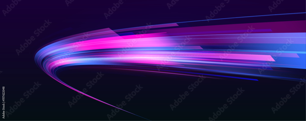 Poster abstract image of speed motion on the road. dark blue abstract background with ultraviolet neon glow