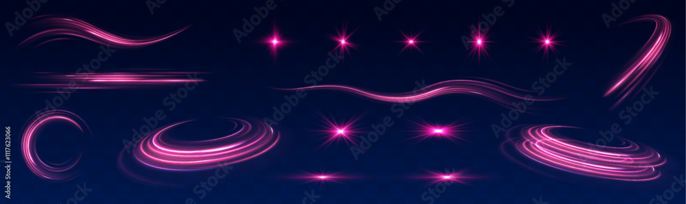 Poster neon lines and fiery flashes, glowing spirals and trails, blending purple and blue hues, create powe