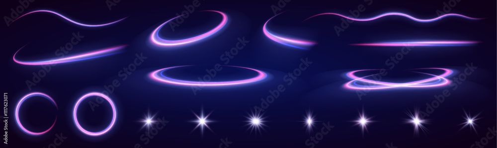 Poster a large set of light effects, stars, curved lines, elements of speed, glare, flashes on a black back