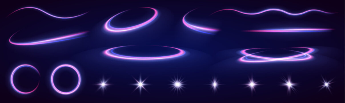 A large set of light effects, stars, curved lines, elements of speed, glare, flashes on a black background. . Abstract vector fire circles, sparkling swirls and energy light spiral frames.	