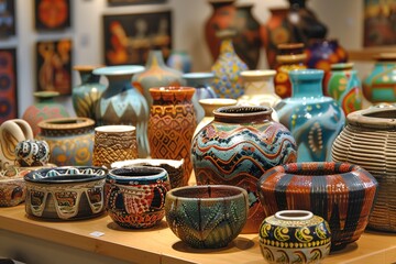 A display of various pottery styles from different cultures, each piece hand-crafted and painted with unique motifs and designs.