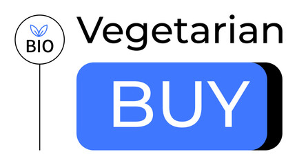 Vegetarian bio label with leaf icon next to a prominent blue BUY button. Ideal for online stores, eco-friendly promotions, vegetarian products, bio goods, ethical campaigns, green marketing