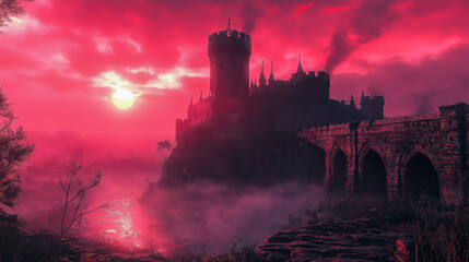 Fototapeta premium Enchanting Red Sunset Over Medieval Castle and Stone Bridge
