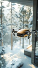 A drone hovers in a snowy forest, capturing scenic views of nature.