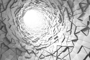 Geometric abstract tunnel with white triangular surfaces. 3d render