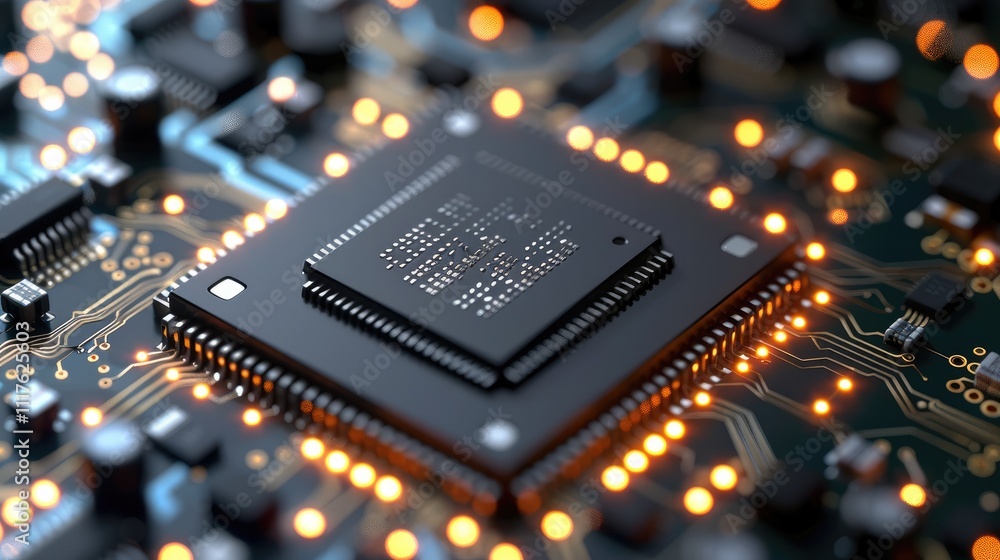 Aufkleber a high-tech circuit board featuring glowing microchips and intricate wiring.