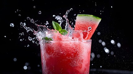 Watermelon for refreshment and hydration concept. A refreshing watermelon cocktail splashes in a glass, garnished with mint, set against a dark background, creating a vibrant and enticing visual.