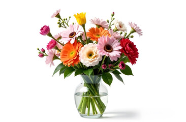  Flowers bouquet in the glass vase on the table, white background