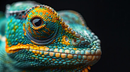 Obraz premium Close-up of a colorful chameleon with intricate scales and vibrant green orange and blue patterns on a black background.