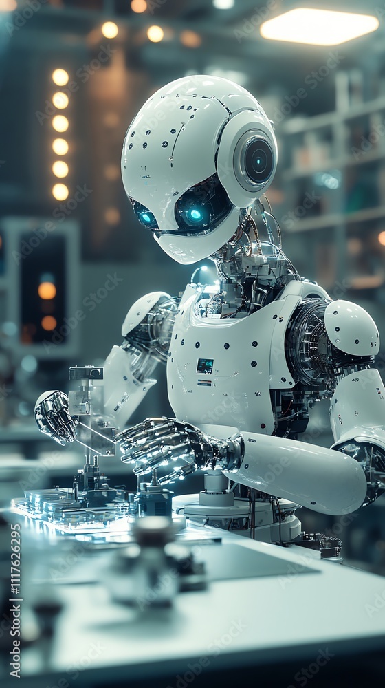 Poster A futuristic robot working meticulously on a technological task in a high-tech environment.