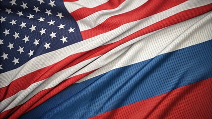 Obraz premium United States and Russia Flags Waving Together In Close-Up View