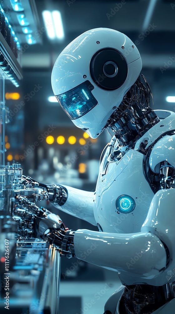 Poster A humanoid robot interacting with a control panel in a futuristic setting.
