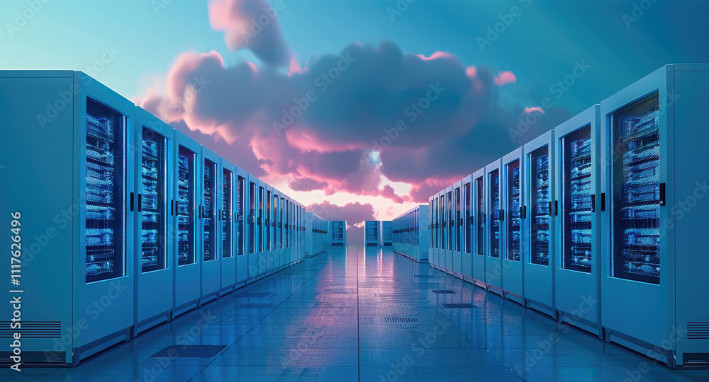 Aufkleber an advanced server room at night, with cooling fans spinning and rows of servers glowing with soft b