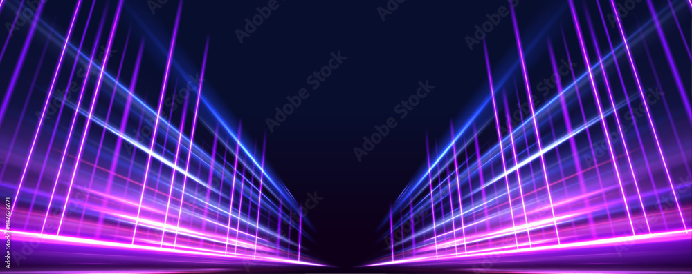Poster neon stripes swirling like a drill, twisting in dynamic motion, featuring glowing blue and purple ne