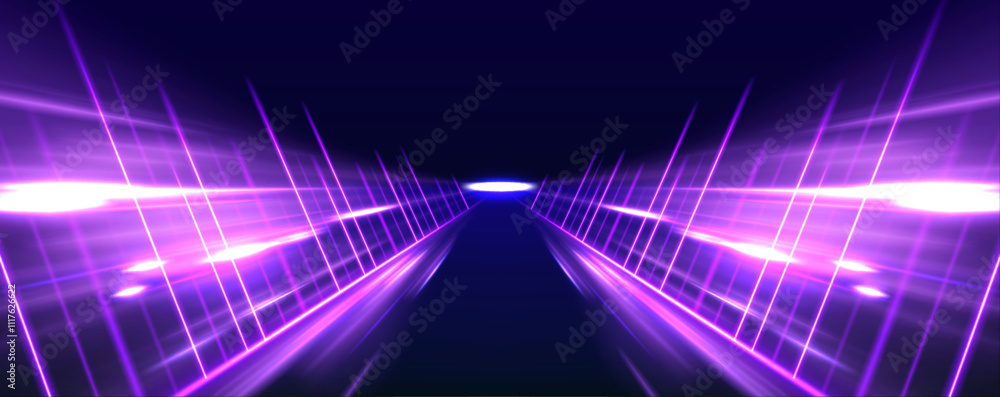Poster Dynamic image of the speed of light in space with glowing purple swirls and neon waves, mixed with fire paths and optical fibers, symbolizing the powerful motion and acceleration of energy.