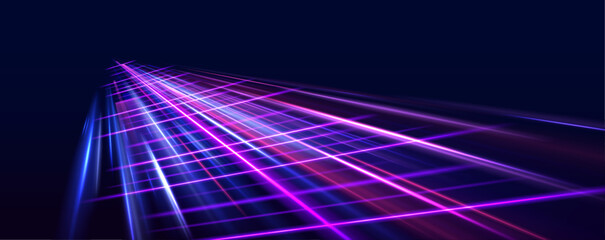 Panoramic high-speed technology concept with abstract light trails and glowing neon colors in blue, yellow, and orange, representing the rapid motion and energy in a futuristic environment. © Mirotvoric