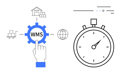 Hand interacts with WMS gear icon near warehouse, forklift, globe, and stopwatch. Ideal for logistics, warehouse management, inventory control, supply chain, efficiency optimization, global trade