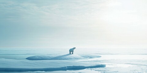 Polar Bear Standing on Melting Ice Floe in Vast Ocean