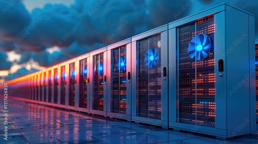 Poster An advanced server room at night, with cooling fans spinning and rows of servers glowing with soft blue lights, creating a calm but powerful energy.