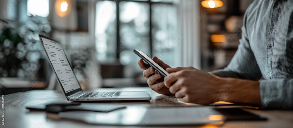 Poster close-up of a person's hands using a smartphone while sitting at a desk with a laptop open.