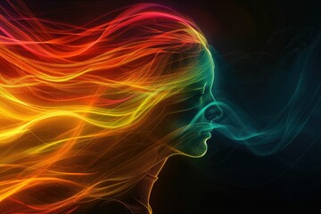 Obraz premium Abstract art of a person with colorful flowing hair and smoke background removed