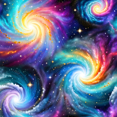 Vivid cosmic swirl with colorful light trails and golden stars on a dark background, abstract celestial-themed illustration