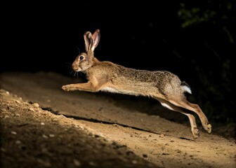 Obraz premium Wild Hare Leaping in Motion Across Dirt Trail at Night with Spotlight Effect