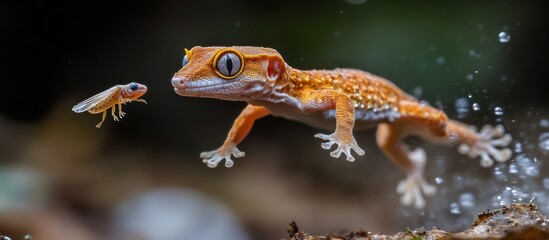 A gecko leaps to catch a flying insect with water droplets around it.