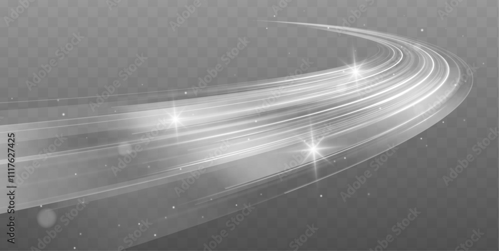 Poster Light white bright white line swirl effect. Glowing white semicircle on isolated background. Vector illustration stream of fresh win. Vector illustration of white spiral, wave, curve vortex effect.	