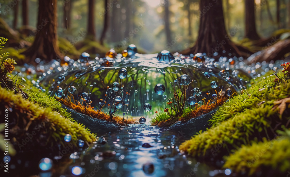 Poster A pond with a lot of bubbles floating on the surface. The bubbles are of different sizes and colors, creating a whimsical and playful atmosphere. The water is calm and serene