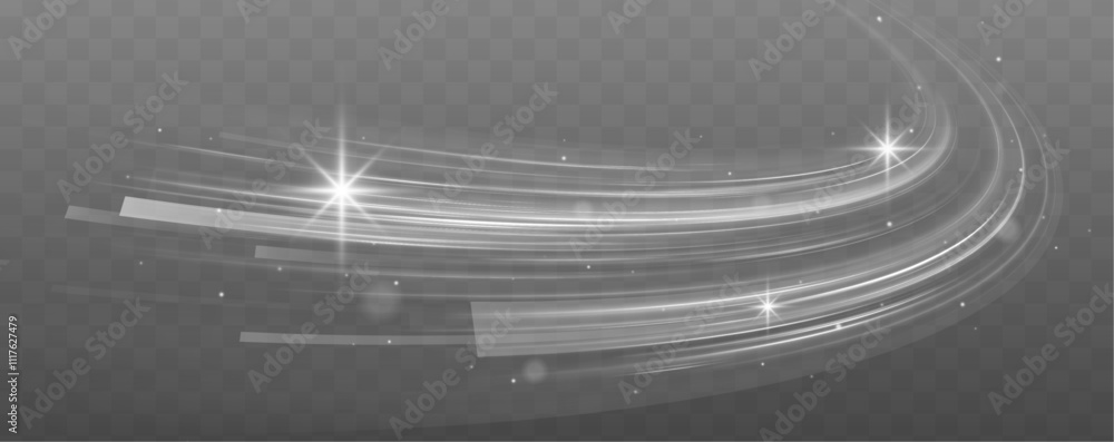 Aufkleber White fast speed trail with sparkles on dark background. Glow and blur motion effect vector illustration set. Transparent dynamic frost air tail streak. Isolated png magic wind swirl design.
