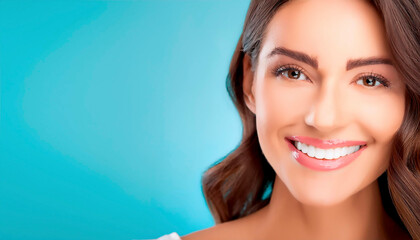 Portrait of beautiful young happy smiling woman, over blue background.