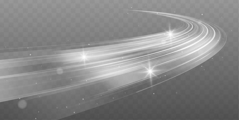 Light white bright white line swirl effect. Glowing white semicircle on isolated background. Vector illustration stream of fresh win. Vector illustration of white spiral, wave, curve vortex effect.	