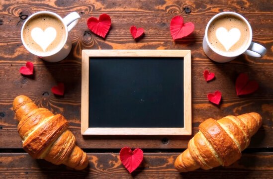 Valentine's Day themed breakfast scene featuring heart-shaped coffee foam, croissants, red hearts, and a chalkboard for text or messages. Ideal for greeting cards, social media, promotional content