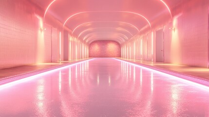 A serene, pink-lit indoor pool area with reflective surfaces and soft lighting.