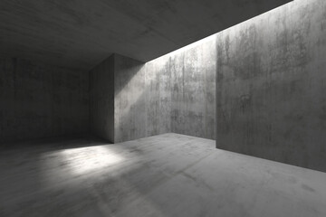 Minimalist architecture interior featuring concrete walls and light play for modern design concepts. 3d render